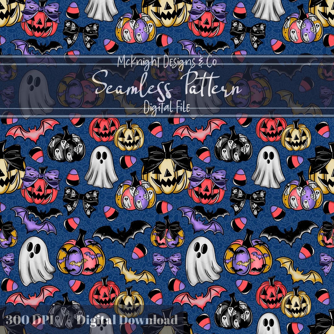 Halloween Coquette Seamless Pattern – Ghosts, Pumpkins, Bats Candy Corn ...