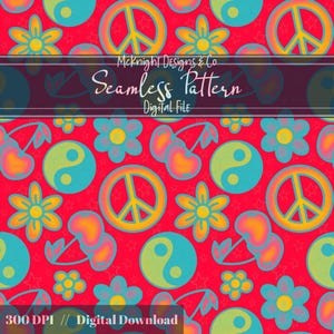 May include: A seamless pattern design with peace symbols, flowers, cherries, and yin-yang symbols in yellow, blue, and orange on a red background. The text "Seamless Pattern" is displayed in a banner.