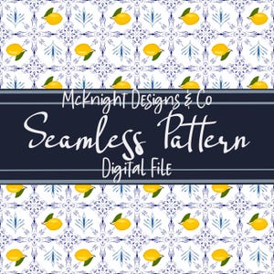 Amalfi Coast Lemon Tile Seamless Pattern PNG Italian Blue White Digital Paper for Kitchen Decor, Fabric, Sublimation & Mediterranean Prints