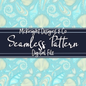 May include: Seamless pattern design featuring seashells in shades of blue and cream on a light blue background. The design includes various shell shapes and is labeled "McKnight Designs & Co Seamless Pattern Digital File."