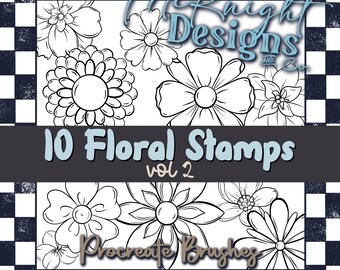 Sellos florales Procreate, juego de pinceles para sellos, pinceles de alta calidad dibujados a mano, descarga instantánea, archivo digital, 10 páginas para colorear, clipart, vol. 2