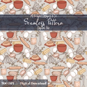 Può includere: Motivo ripetuto con illustrazioni a tema panificazione. Il design include mattarelli, ciotole, uova, cucchiai dosatori, burro e torta. Il testo recita "McKnight Designs & Co Seamless Pattern Digital File". Lo sfondo è grigio chiaro.