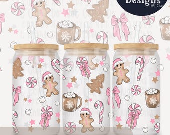 Embalagem de copo de gengibre rosa PNG Design de biscoito de arco de cacau e bastão de doces de Natal | Sublimação de lata de vidro de 16 oz e download digital UVDTF
