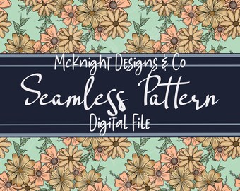 Pretty Floral Pastel Flowers Print Hand Drawn Seamless Pattern Instant Download Digital Papers Printed Vinyl Fabric Surface Design Mint PNG