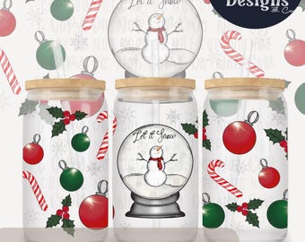Winter Let it Snow Globe Digital File 16oz Glass Can Wrap Hand Drawn 300 DPI PNG UVDTF Sublimation Printed Vinyl Tumbler Snowman Ornament