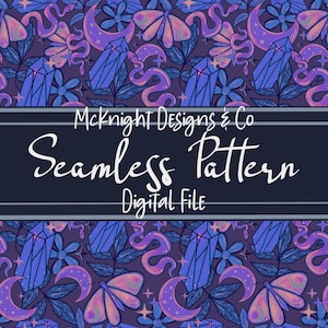 Vibrant Witchy Celestial Seamless Pattern | Fabric Printing, Sublimation, Vinyl, Scrapbook | Moth Snake Moon Digital Paper Instant Download