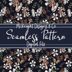 Mushroom, Crystal & Florals Cottage Core Seamless Pattern PNG Hand Drawn Download Digital Papers Printed Vinyl Fabric Surface Design Navy