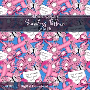 Breast Cancer Awareness Seamless Pattern Pink Ribbon Butterfly Floral PNG October Support Print Inspirational Design Sublimation Paper Vinyl