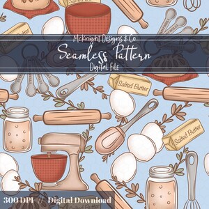 May include: A seamless pattern featuring baking-related illustrations. The design includes rolling pins, eggs, butter, a stand mixer, measuring spoons, and a whisk, all set against a light blue background. The text "Seamless Pattern" is visible.