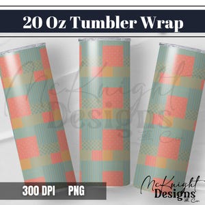 Peut inclure: Un motif de gobelet de 20 oz avec un design patchwork aux couleurs corail, sarcelle et beige. Le motif comprend des motifs à pois et à rayures. Les mots "20 Oz Tumbler Wrap", "300 DPI" et "PNG" sont visibles.