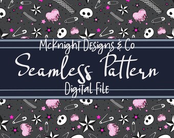 Elder Emo Vibe Skull Skateboard Stars Hand Drawn Seamless Pattern Instant Download Digital Papers Printed Vinyl Fabric Surface Design Print