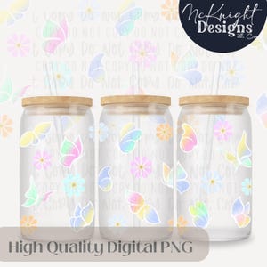 Butterfly Floral Pastel 16 oz Wrap PNG Digital Design File Glass Can Hand Drawn UVDTF Sublimation Printed Vinyl Minimalist Simple UV Spring