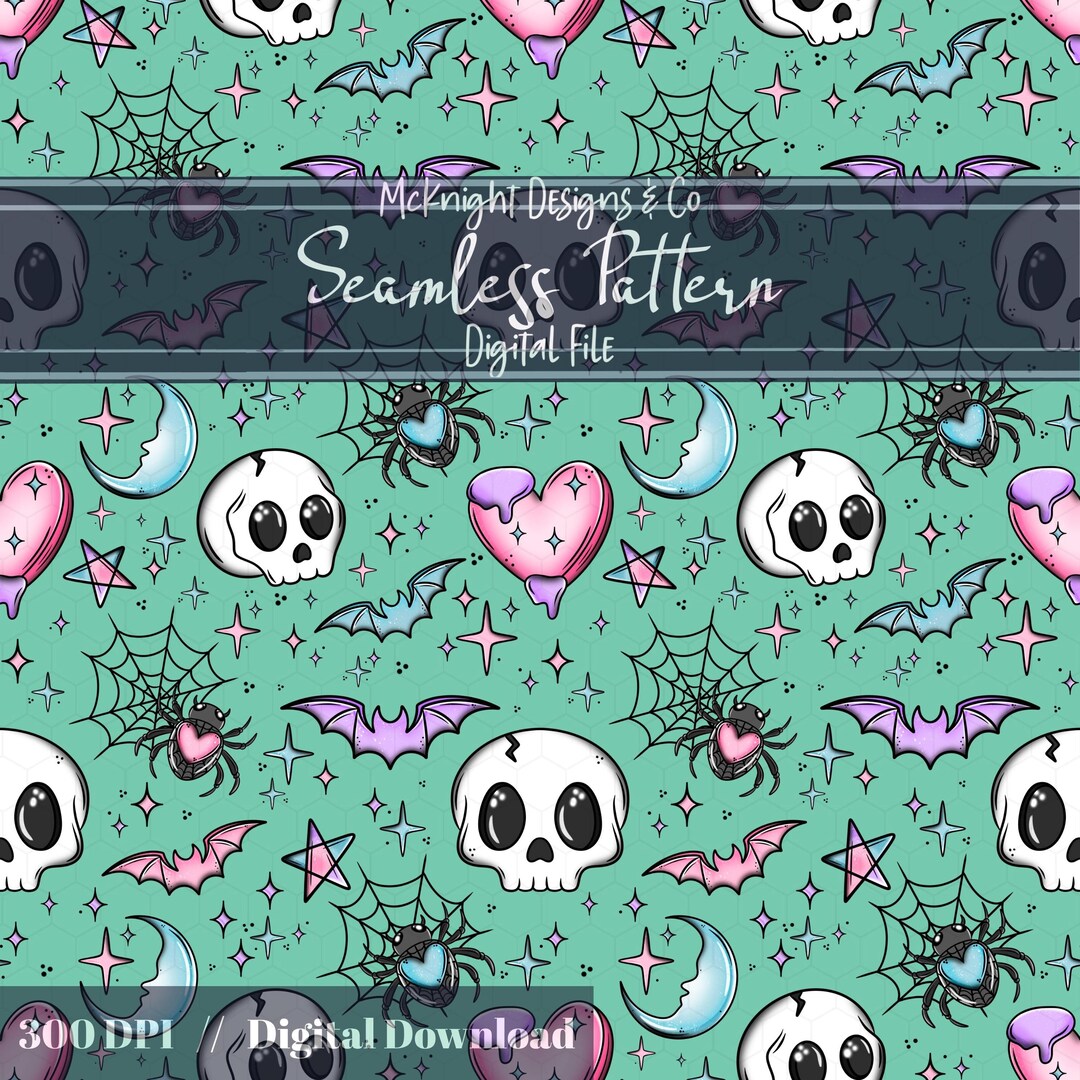 Kawaii Halloween Seamless Pattern | Girly Cute Spooky Skulls Bats ...