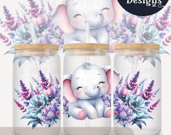 Cute Kids Design Elephant Floral Digital File 16oz Glass Can Wrap 300 DPI PNG UVDTF Sublimation Printed Vinyl Transparent Pastel Girly Wrap