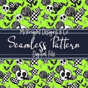 May include: A seamless pattern featuring black and white skulls, bats, roses, hearts, stars, and daggers on a bright green background. The text "McKnight Designs & Co Seamless Pattern Digital File" is at the bottom of the image.