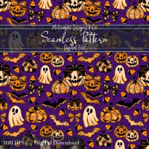 May include: A seamless Halloween pattern featuring orange pumpkins with carved faces, black bats, ghosts, and candy corn on a purple background. The design includes the text "McKnight Designs & Co Seamless Pattern Digital File".