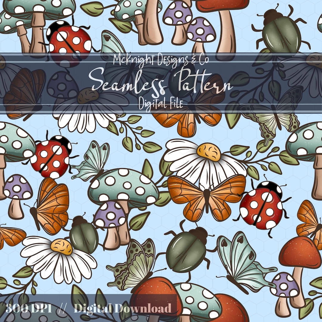 Cottagecore Seamless Pattern – Mushrooms, Butterflies & Ladybugs Beetle ...