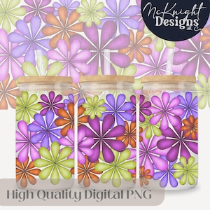 Girly Blumen Daisy Blumen Design Digitale Datei 16 Unzen Glasdose Wrap Hand gezeichnet 300 DPI PNG UVDTF Sublimation Gedruckt Vinyl Aufkleber Becher Tasse