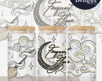 Witchy glass can wrap PNG with broom, clouds, moon, stars – 16 oz Libbey cups, sublimation, UVDTF & vinyl printing Instant Digital download