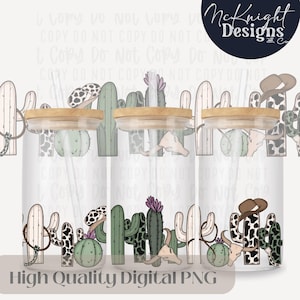 May include: Three glass tumblers with wooden lids, featuring a desert-themed design. The design includes cacti, cow skulls, and a cowhide pattern. The text "High Quality Digital PNG" is at the bottom.