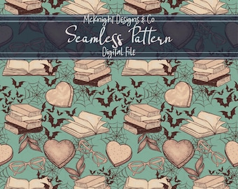 Spooky Book Lover Seamless Pattern – Bookish Halloween Bat & Glasses Digital Design Readers, Fabric Design Sublimation, Scrapbook, Vinyl PNG