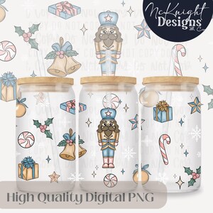 May include: Three glass tumblers with wooden lids, each decorated with a different Christmas-themed design. The designs include a nutcracker, candy canes, gifts, and holly. The words "High Quality Digital PNG" are at the bottom.