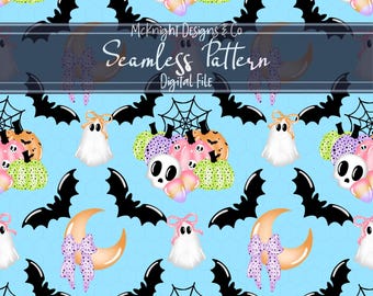 Pastel Halloween Seamless Pattern PNG – Cute Fall Ghosts, Pumpkins, Bats & Candy Digital Papers, Sublimation, Fabric Design Print File