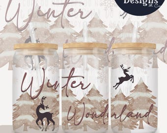 Winter Wonderland Scene Reindeer Digital File 16oz Glass Can Wrap Hand Drawn 300 DPI PNG UVDTF Sublimation Printed Vinyl Transparent Tumbler