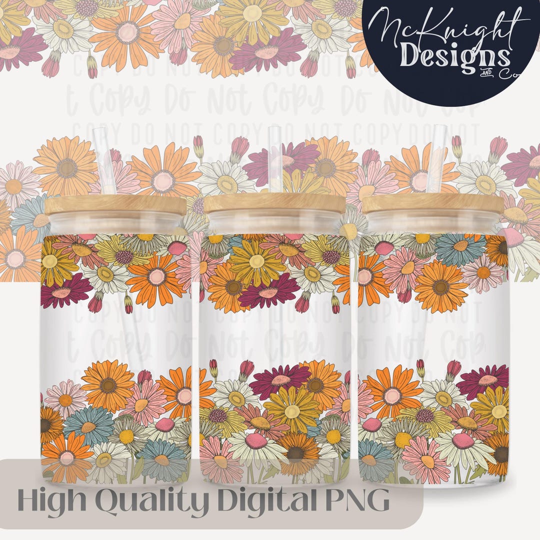 Boho Floral Border Design Digital File 16oz Glass Can Wrap Hand Drawn ...