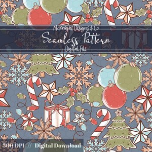 May include: A seamless digital pattern featuring Christmas ornaments, candy canes, stars, snowflakes, and gift boxes in red, green, and blue on a gray background. The text "McKnight Designs & Co Seamless Pattern Digital File" is displayed.