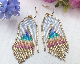 Long beaded rainbow triangle fringe earrings