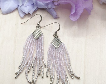 Long diamond beaded fringe earrings