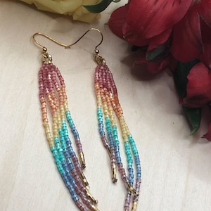 Long thin rainbow fringe beaded dangle earrings image 1