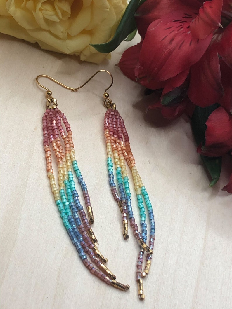 Long thin rainbow fringe beaded dangle earrings image 1