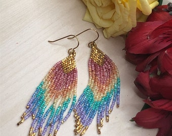 Fringed diamond rainbow beaded fringe earrings with 24k gold plated beads