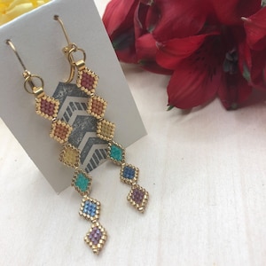 Multi-layered rainbow diamonds beaded earrings