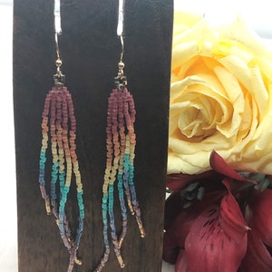 Long thin rainbow fringe beaded dangle earrings image 2