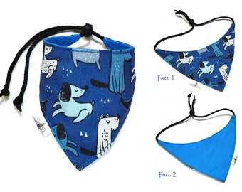 Ultra-resistant, reversible and adjustable dog bandana, in cotton fabric, handmade in France.
