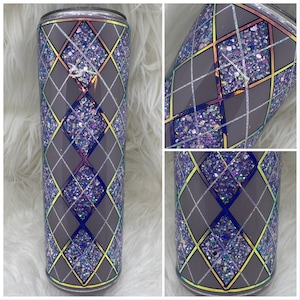 Purple Argyle Diamond Tumbler, Custom Tumbler, Glitter Tumbler