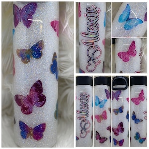 Butterfly Glitter Tumbler - White Glitter, Custom Tumbler, Glitter Tumbler