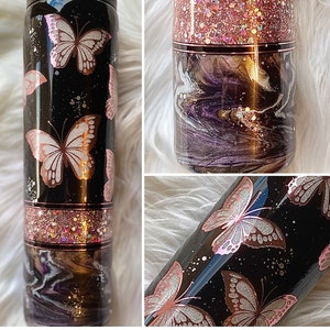 Butterfly Rose Gold Glitter Tumbler - White Glitter, Custom Tumbler