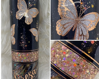 Butterfly Copper & Gold Glitter Tumbler - White Glitter, Custom Tumbler