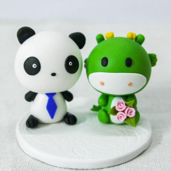 Panda und Drache Hochzeitstorte Topper, Tier Hochzeitstorte Topper, personalisierte Tier Tortenfigur, lustige Hochzeitstorte Topper Figur