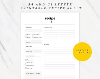 Druckbare Rezept Karte – A4 und US Letter | PDF Sofortdownload