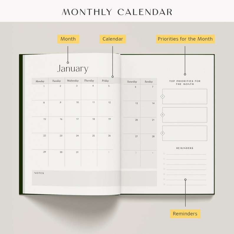 2024 Yearly Planner Olive Green, FULL YEAR Day Month Planner, 2024 Diary, Journal, Planner, Notebook image 5