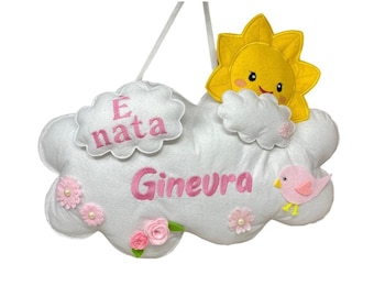 Baby birth bow with sun - Cloud-shaped birth cockade with personalized name - Blue or Pink birth bow