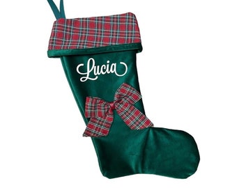 Calza befana personalizzata - Calza in velluto verde + tartan - Decorazione natalizia - calza di Natale con fiocco in tartan e nome