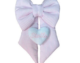 Soft pink blue birth bow with double lines - Birth cockade with personalized name - Baby girl birth bow with white heart