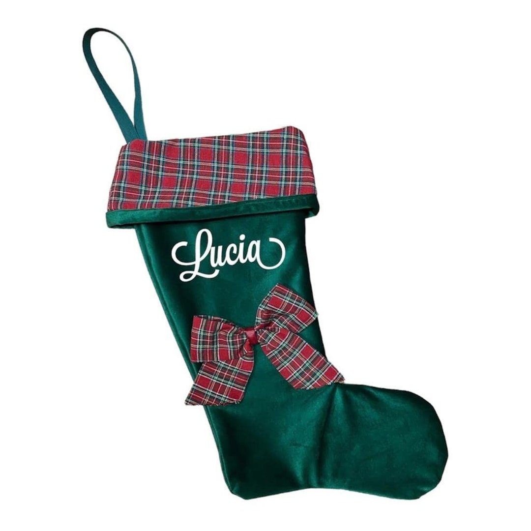 Personalized Christmas Stocking Green Velvet Tartan Etsy