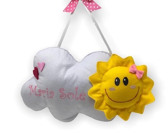 Baby Birth Bow With Sun - Birth Cockade with Custom Name - Cloud-shaped Birth Bow - Embroidery Color Blue or Pink